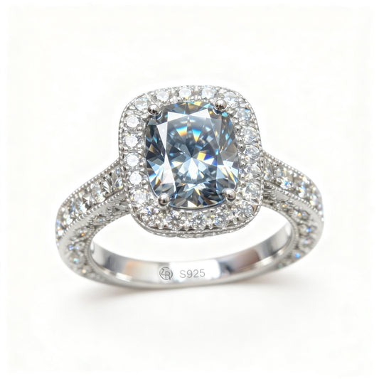 ZR Custom 4.5ct Grayish Blue Cushion Moissanite Halo S925 Silver Engagement Ring 【Amys】
