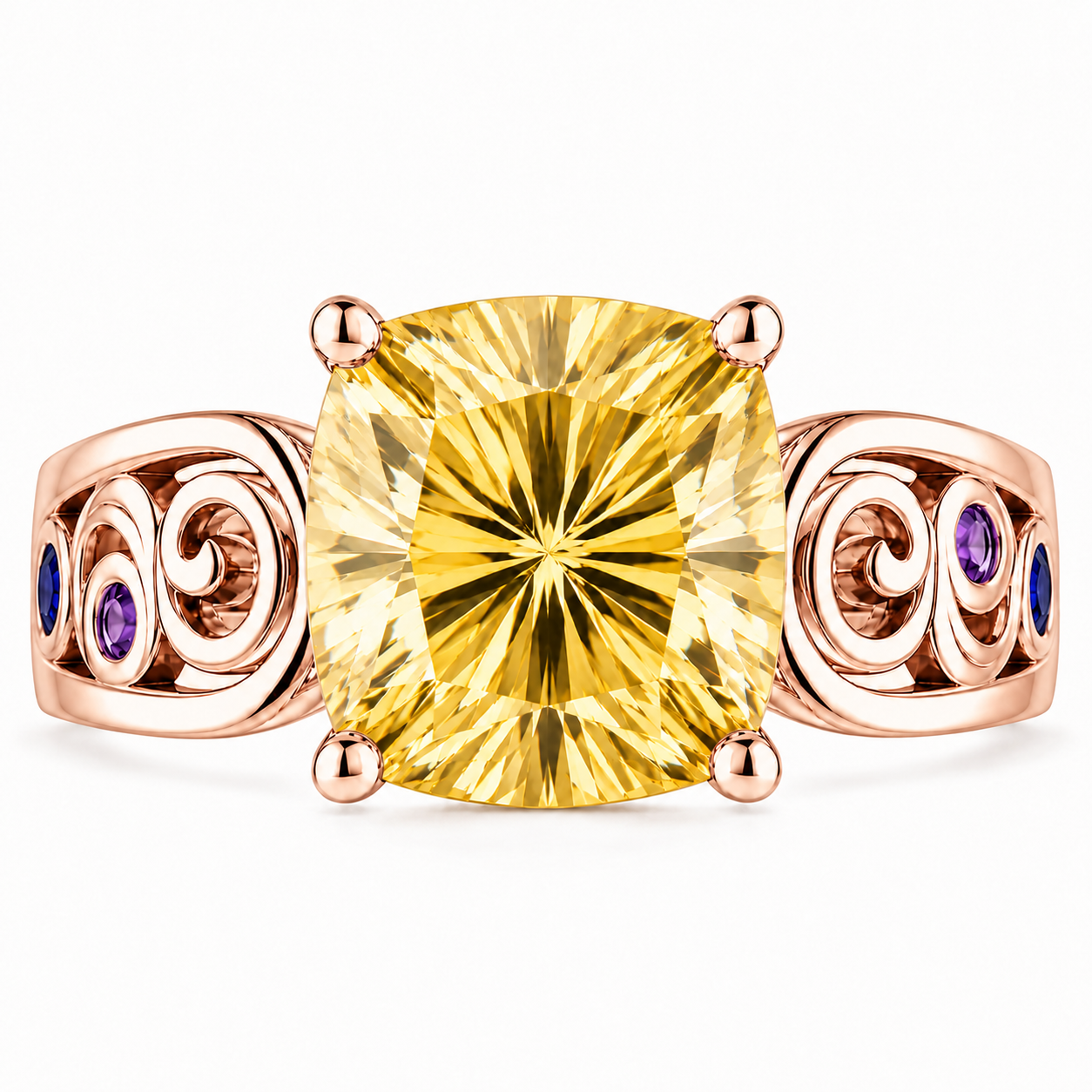 ZR Cushion Cut Citrine Vintage Scroll Ring 【Vanessa】