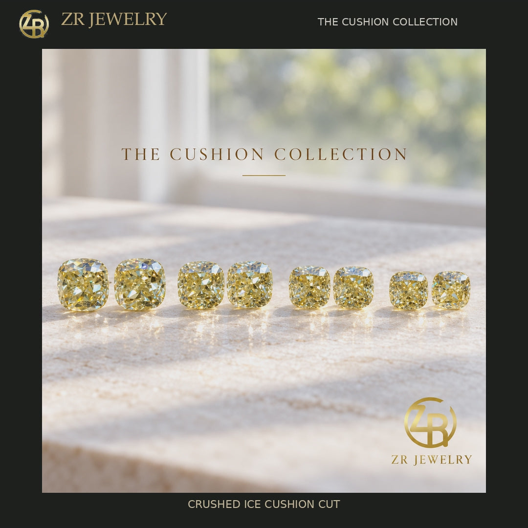 Yellow Cushion Moissanite | Ice Flower Cut | 1.5–2.5 ct