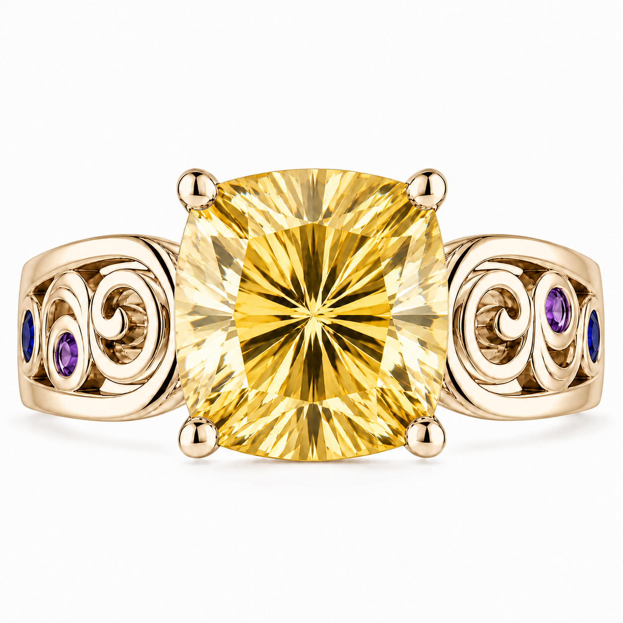 ZR Cushion Cut Citrine Vintage Scroll Ring 【Vanessa】