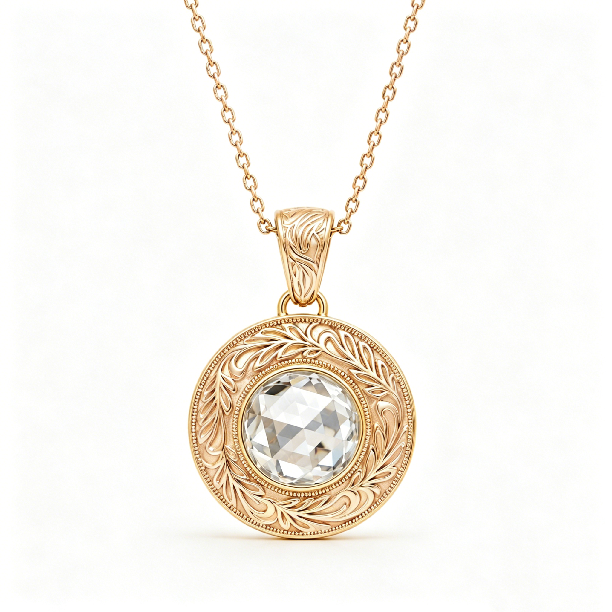 ZR Engraved Round Rose Cut Moissanite Pendant Necklace【JC】