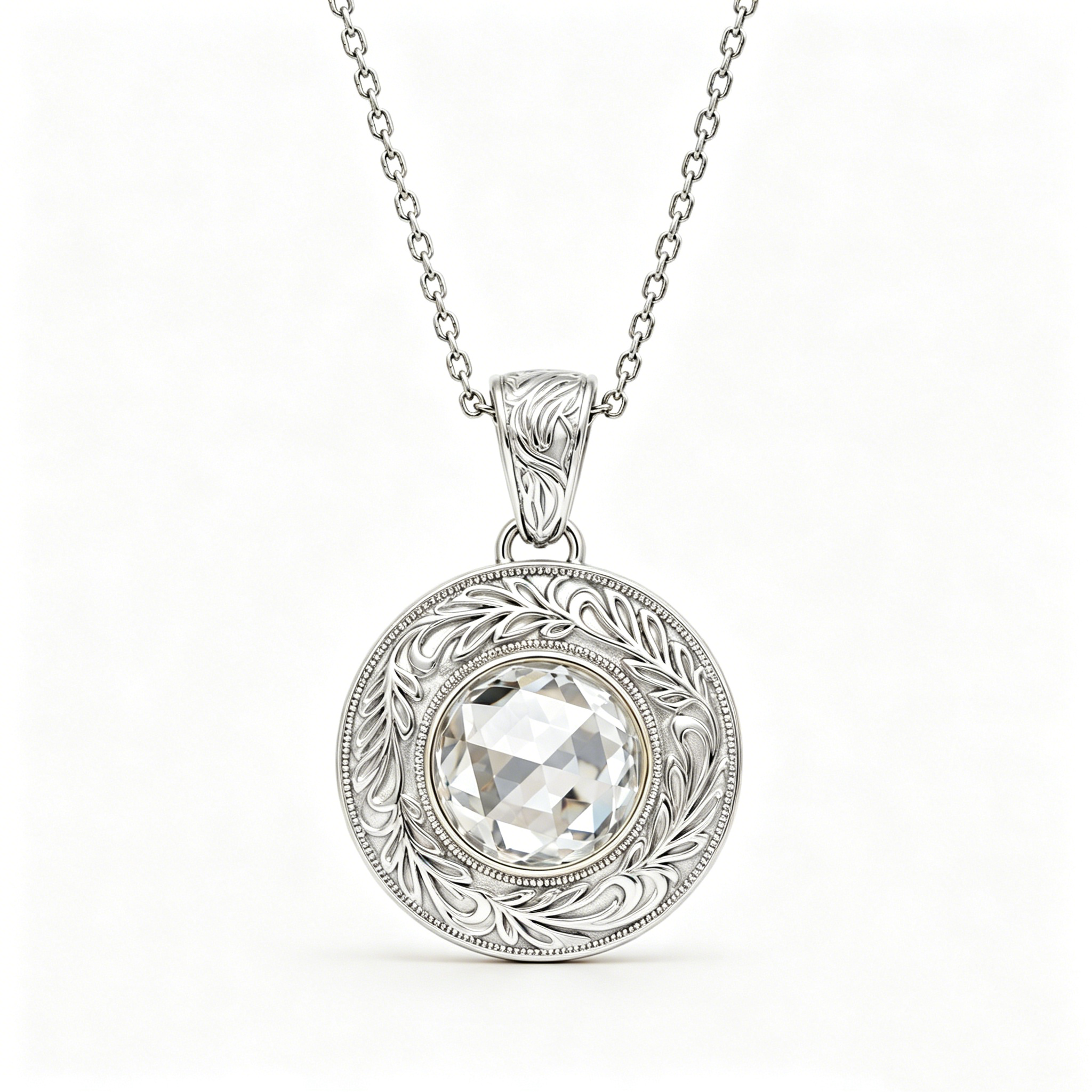 ZR Engraved Round Rose Cut Moissanite Pendant Necklace【JC】