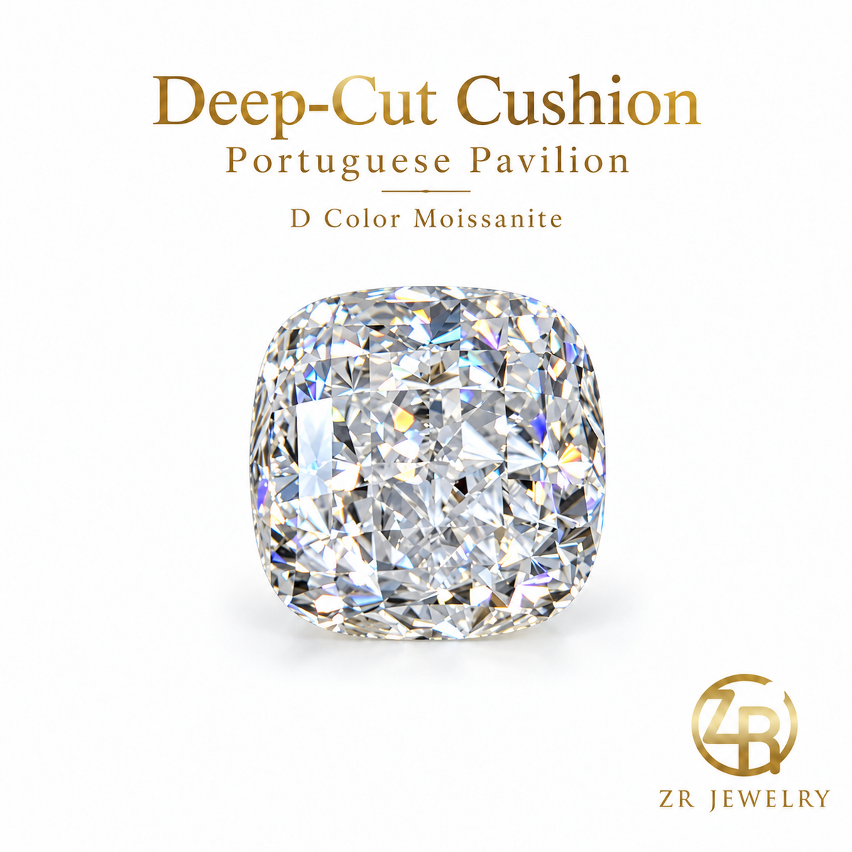 9 × 9 mm cushion moissanite with Portuguese pavilion, front view