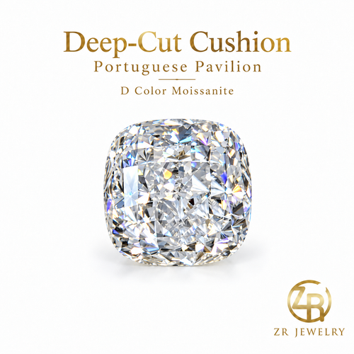 9 × 9 mm cushion moissanite with Portuguese pavilion, front view